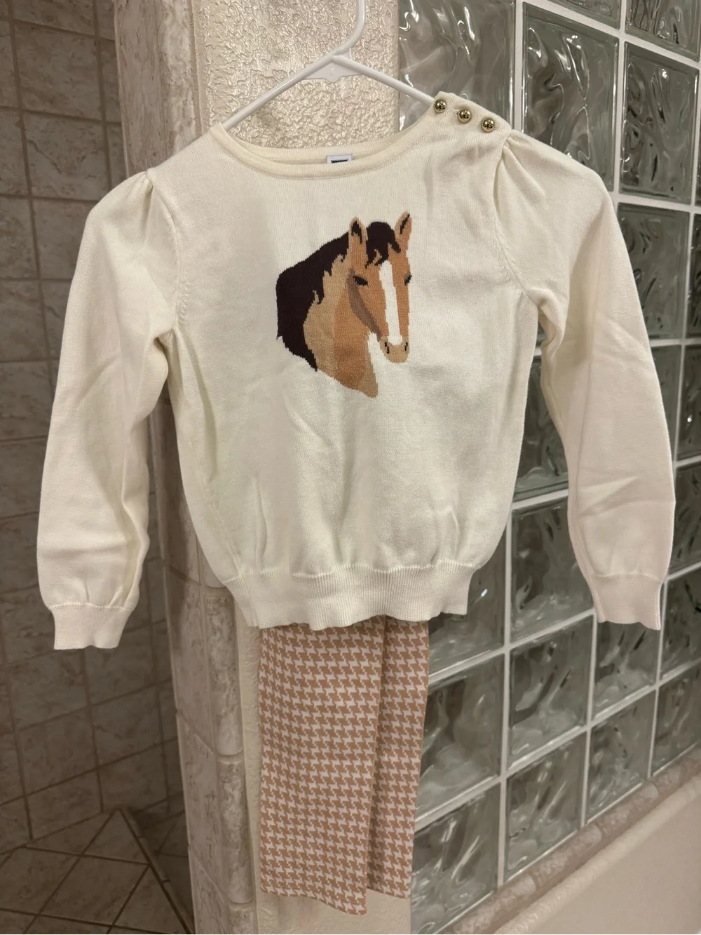 Janie and Jack 7 Equestrian Horse Sweater with houndstooth leggings